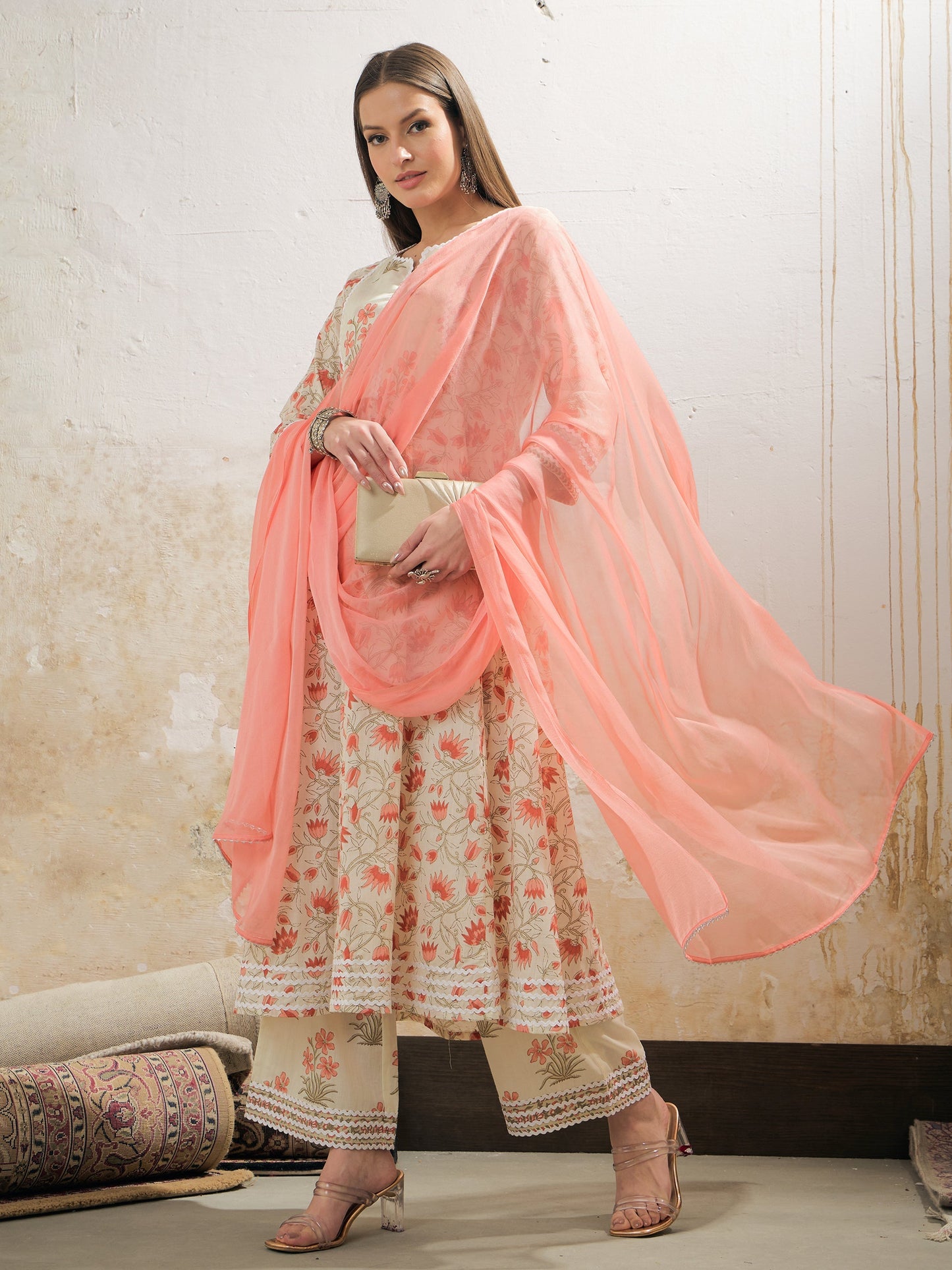 Off White & Red Floral Anarkali Kurta With Pencil Pants & Dupatta