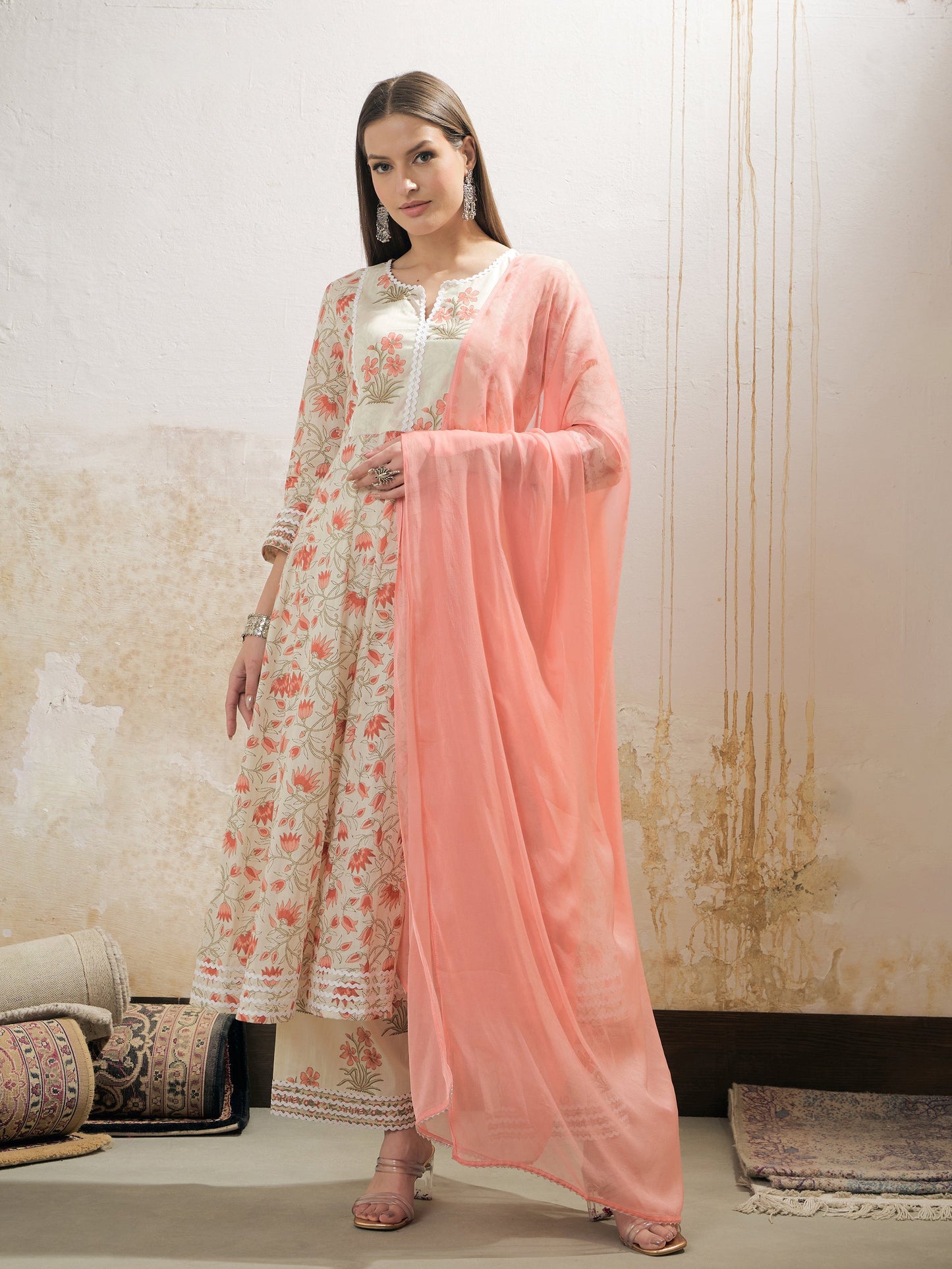Off White & Red Floral Anarkali Kurta With Pencil Pants & Dupatta