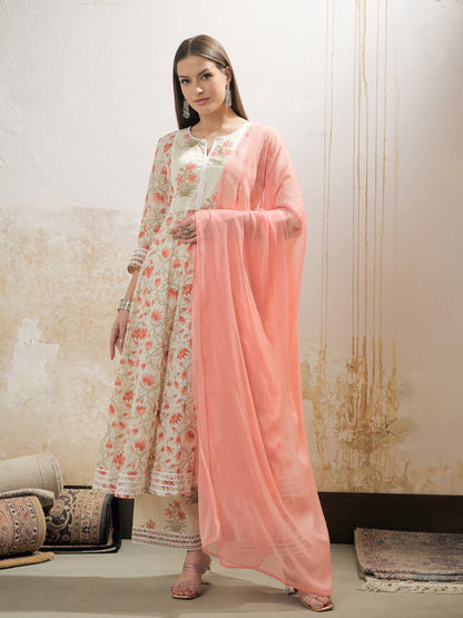 Off White & Red Floral Anarkali Kurta With Pencil Pants & Dupatta