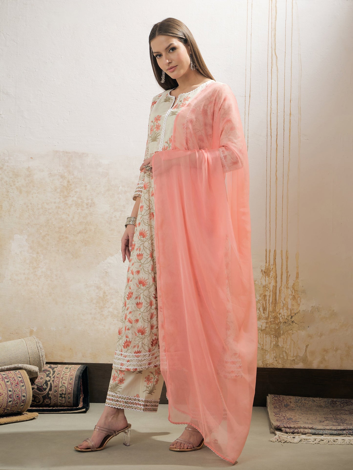 Off White & Red Floral Anarkali Kurta With Pencil Pants & Dupatta