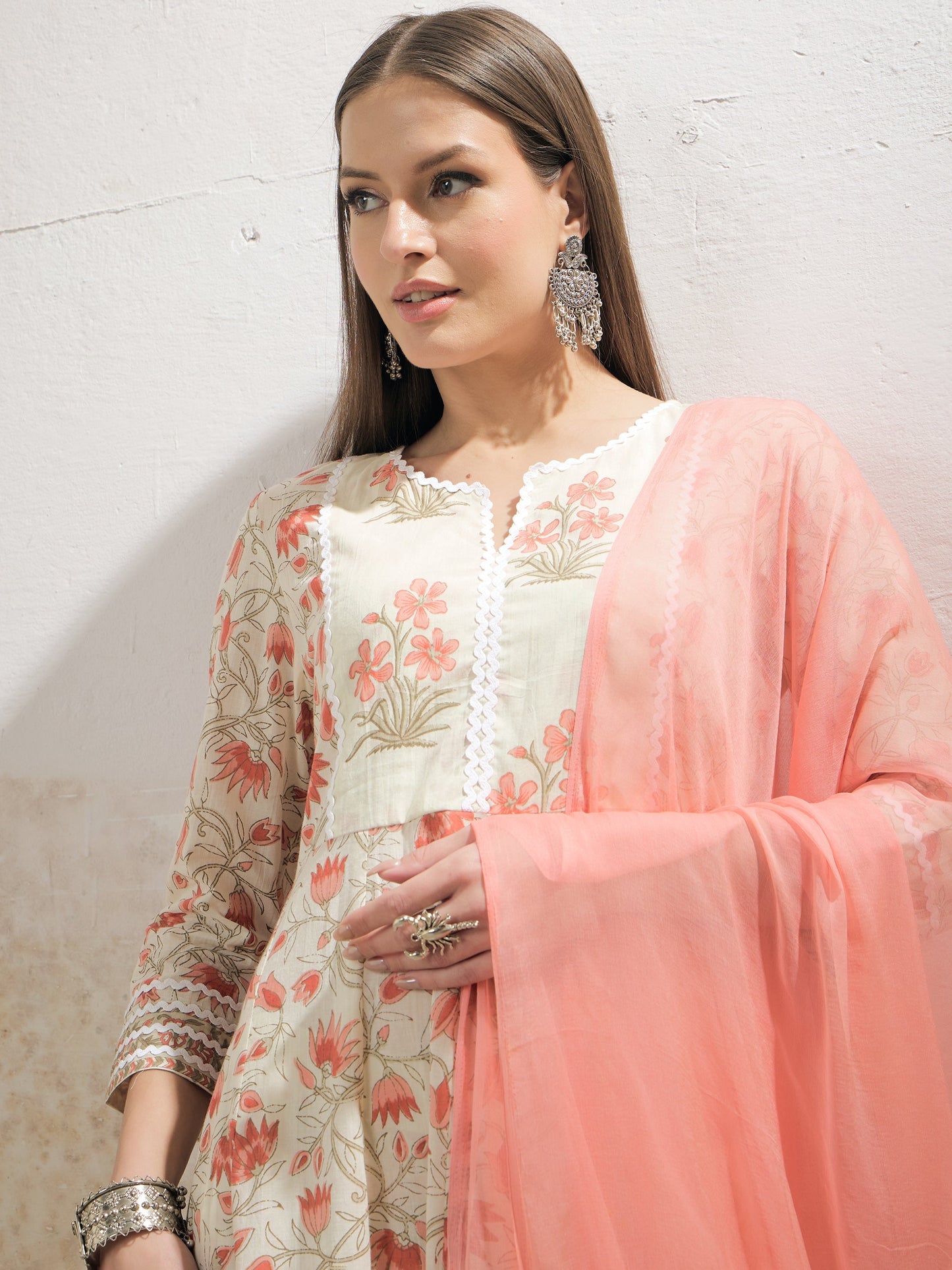 Off White & Red Floral Anarkali Kurta With Pencil Pants & Dupatta