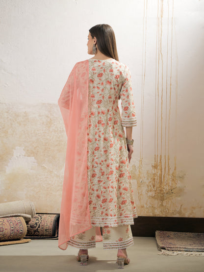 Off White & Red Floral Anarkali Kurta With Pencil Pants & Dupatta