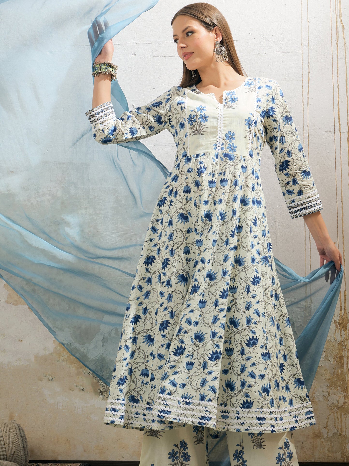 Off White & Blue Floral Anarkali Kurta With Pencil Pants & Dupatta