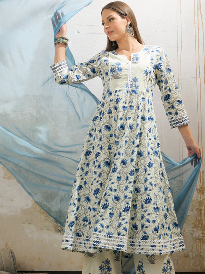 Off White & Blue Floral Anarkali Kurta With Pencil Pants & Dupatta