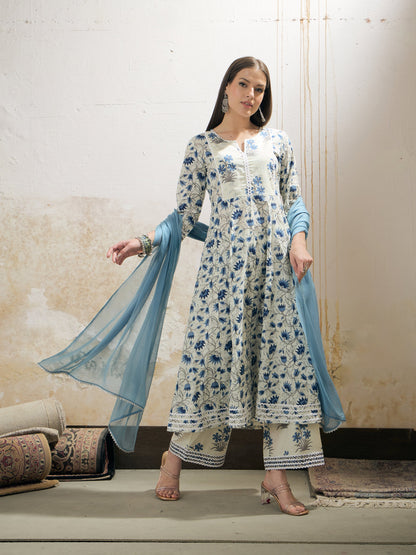 Off White & Blue Floral Anarkali Kurta With Pencil Pants & Dupatta
