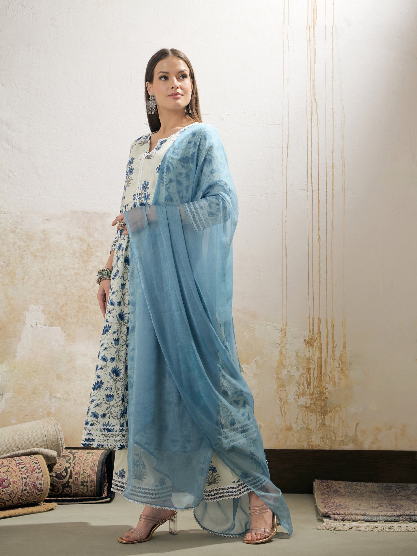 Off White & Blue Floral Anarkali Kurta With Pencil Pants & Dupatta