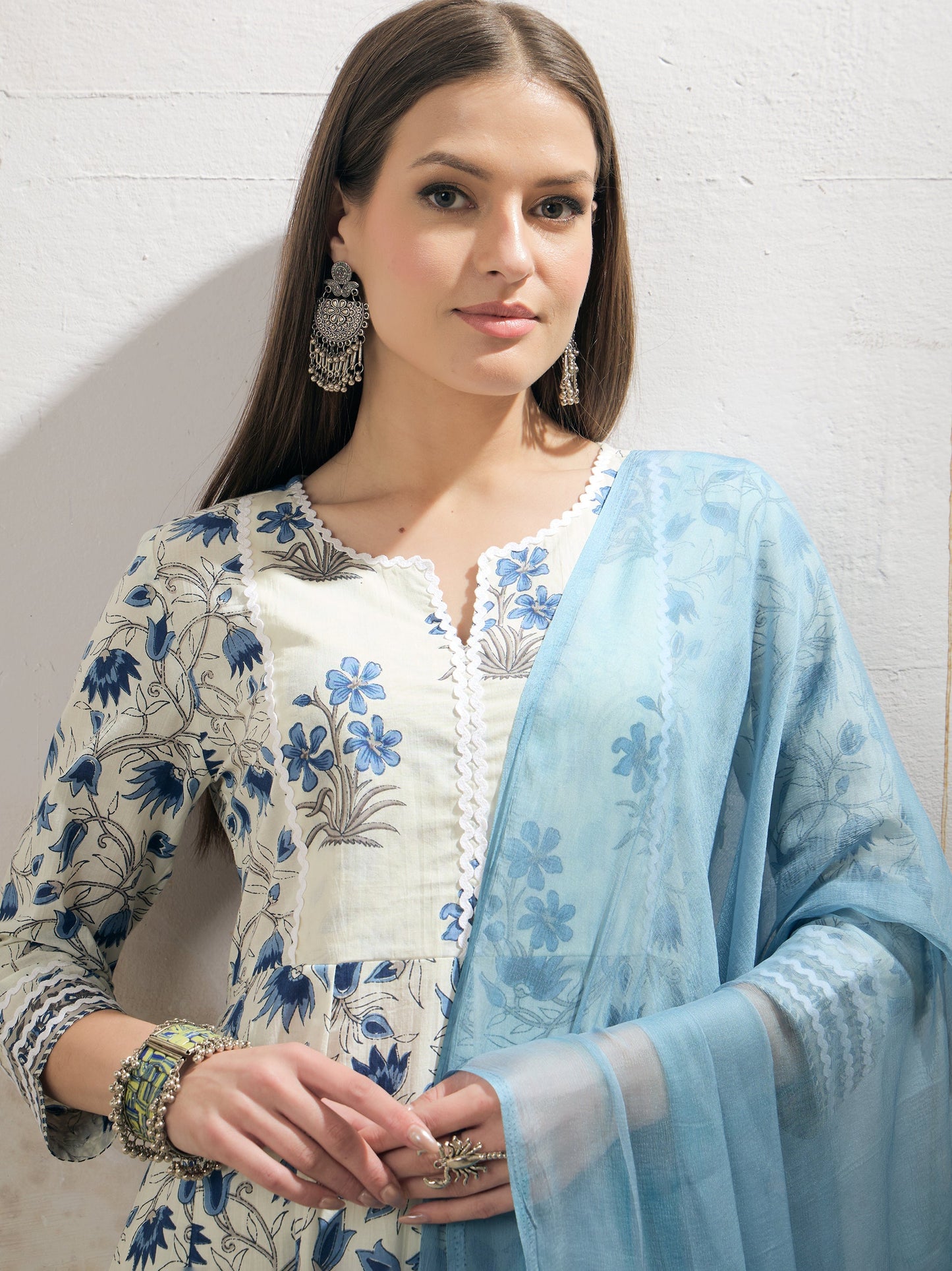 Off White & Blue Floral Anarkali Kurta With Pencil Pants & Dupatta