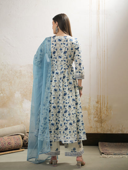 Off White & Blue Floral Anarkali Kurta With Pencil Pants & Dupatta