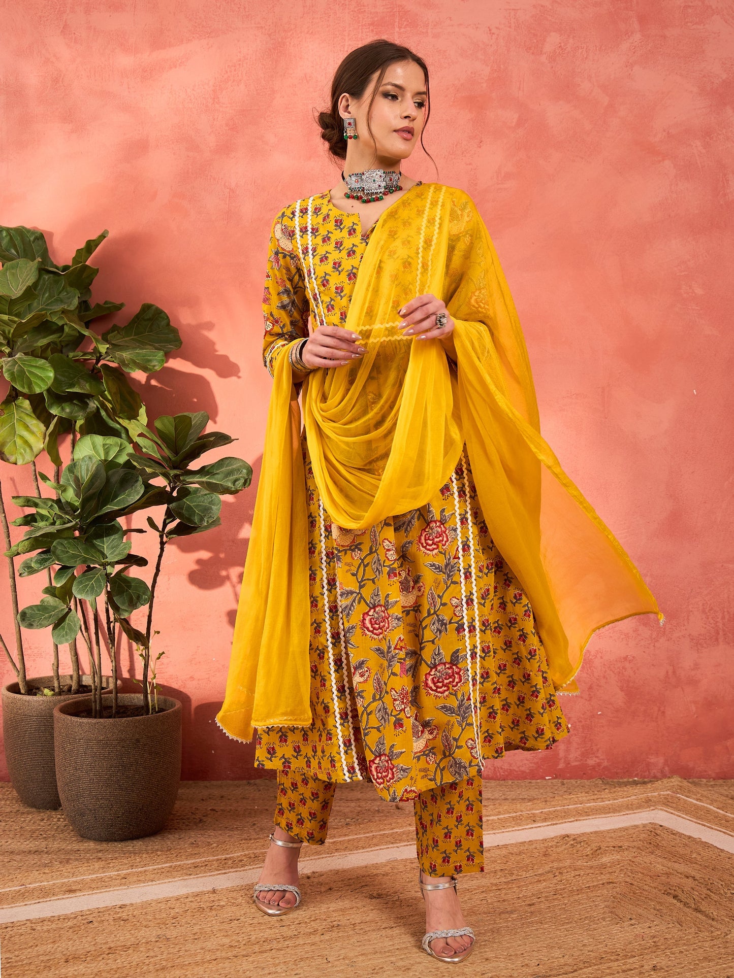 Yellow Floral Anarkali Kurta With Pencil Pants & Dupatta-Shae by SASSAFRAS