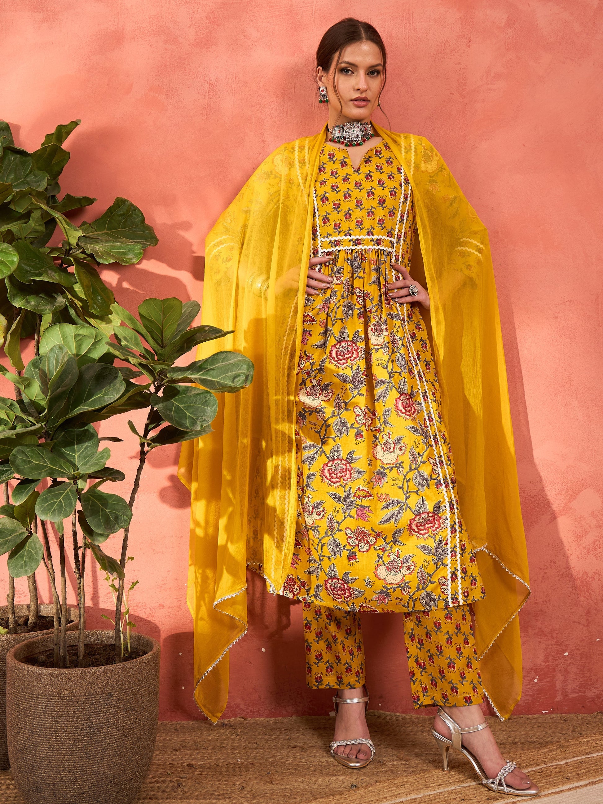 Yellow Floral Anarkali Kurta With Pencil Pants & Dupatta-Shae by SASSAFRAS