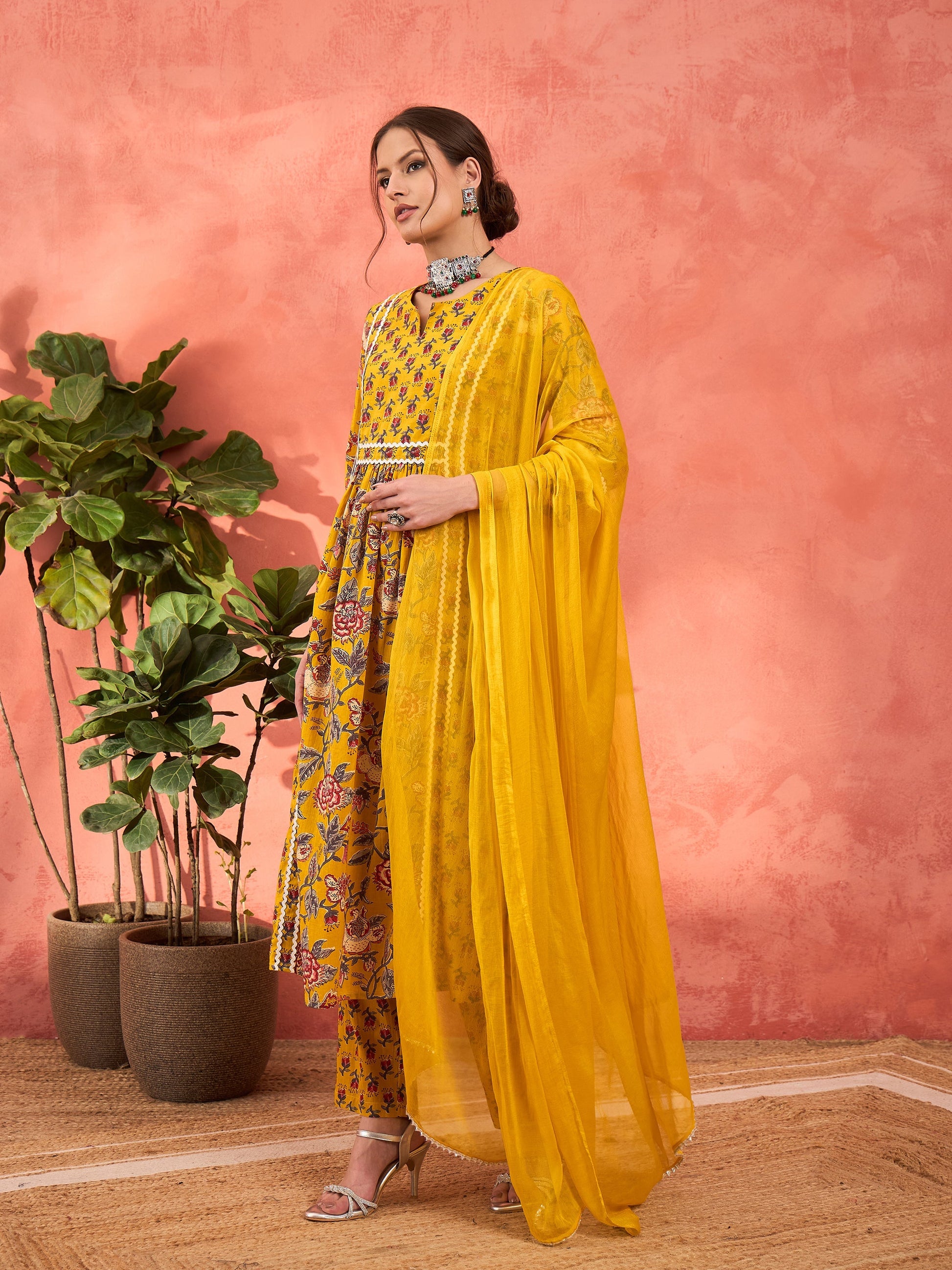 Yellow Floral Anarkali Kurta With Pencil Pants & Dupatta-Shae by SASSAFRAS