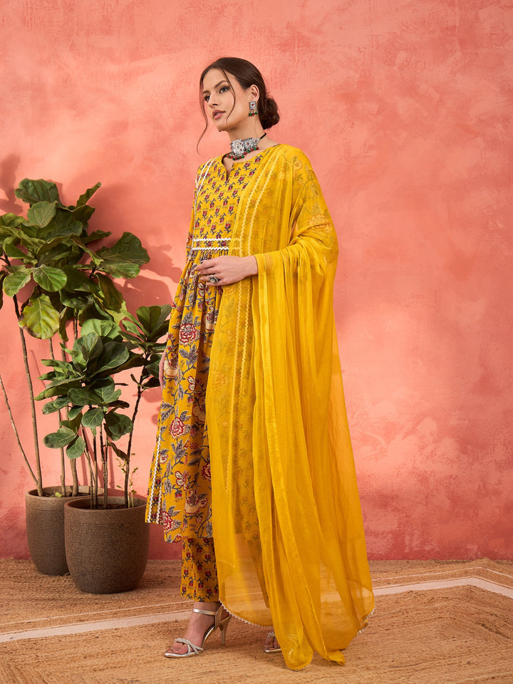 Yellow Floral Anarkali Kurta With Pencil Pants &amp; Dupatta-Shae by SASSAFRAS
