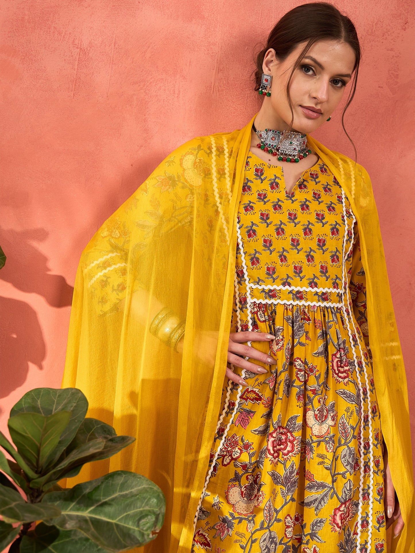 Yellow Floral Anarkali Kurta With Pencil Pants & Dupatta-Shae by SASSAFRAS