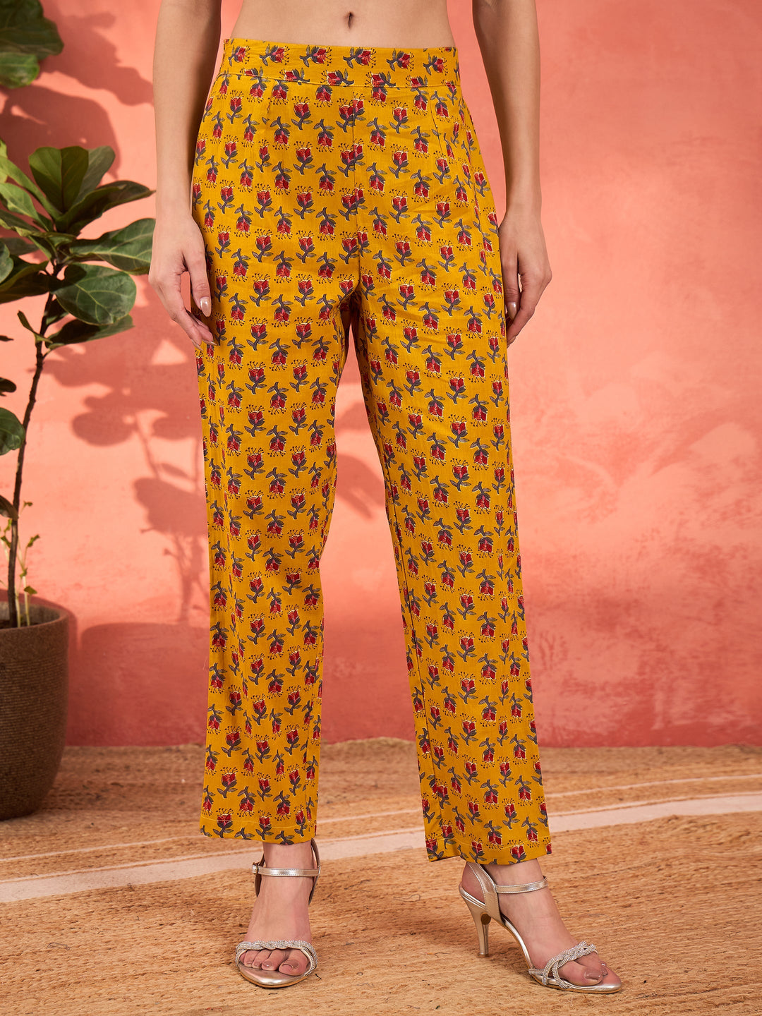 Yellow Floral Anarkali Kurta With Pencil Pants &amp; Dupatta-Shae by SASSAFRAS