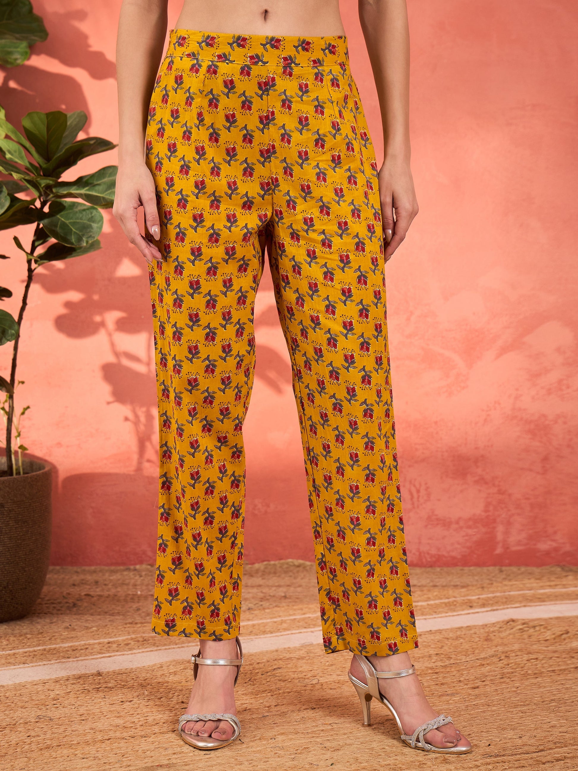 Yellow Floral Anarkali Kurta With Pencil Pants & Dupatta-Shae by SASSAFRAS