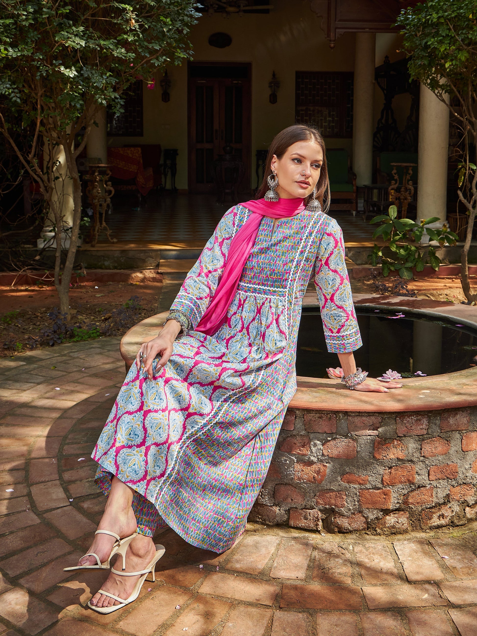 Pink & Blue Floral Anarkali Kurta With Pencil Pants & Dupatta-Shae by SASSAFRAS