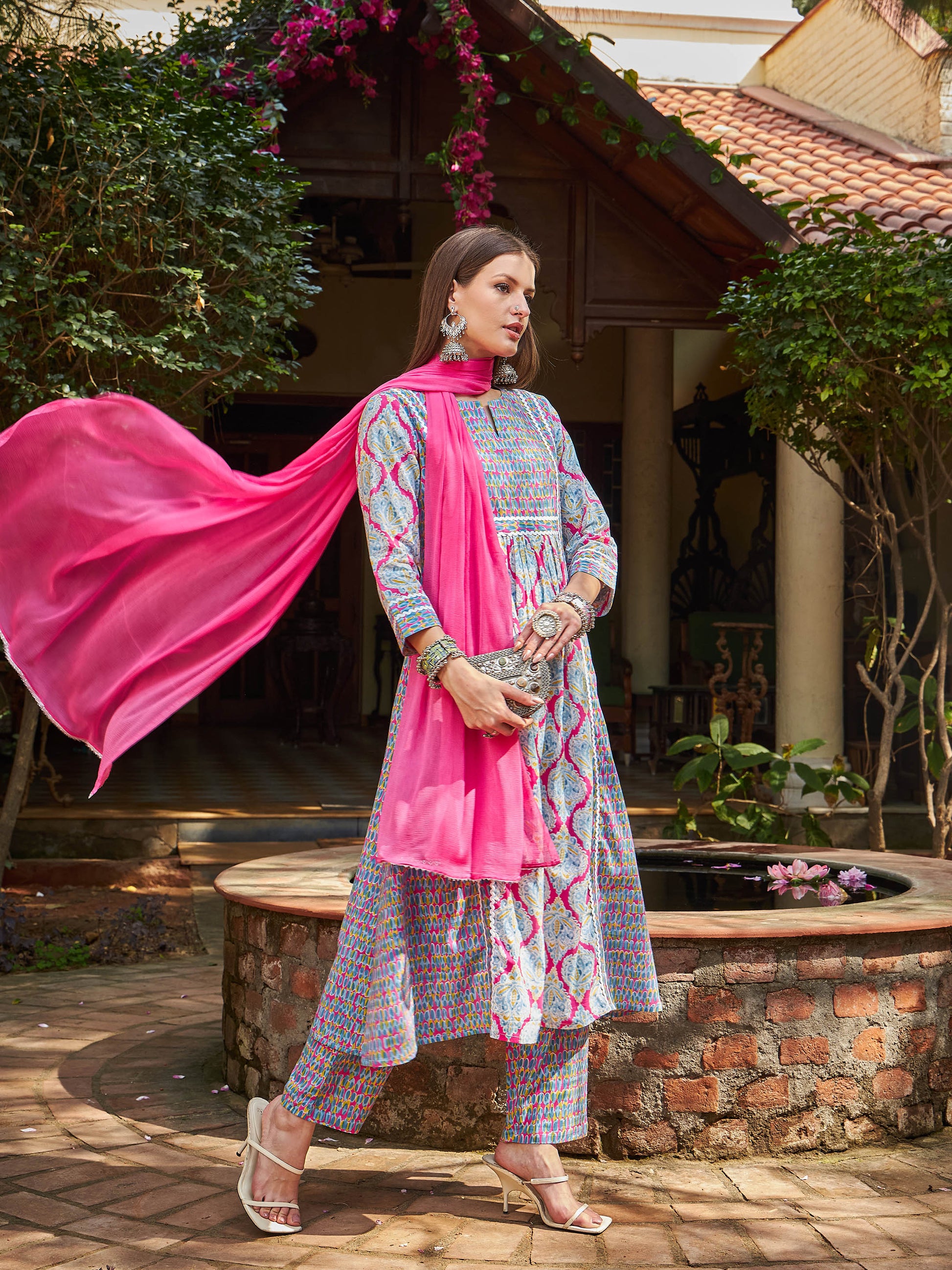 Pink & Blue Floral Anarkali Kurta With Pencil Pants & Dupatta-Shae by SASSAFRAS