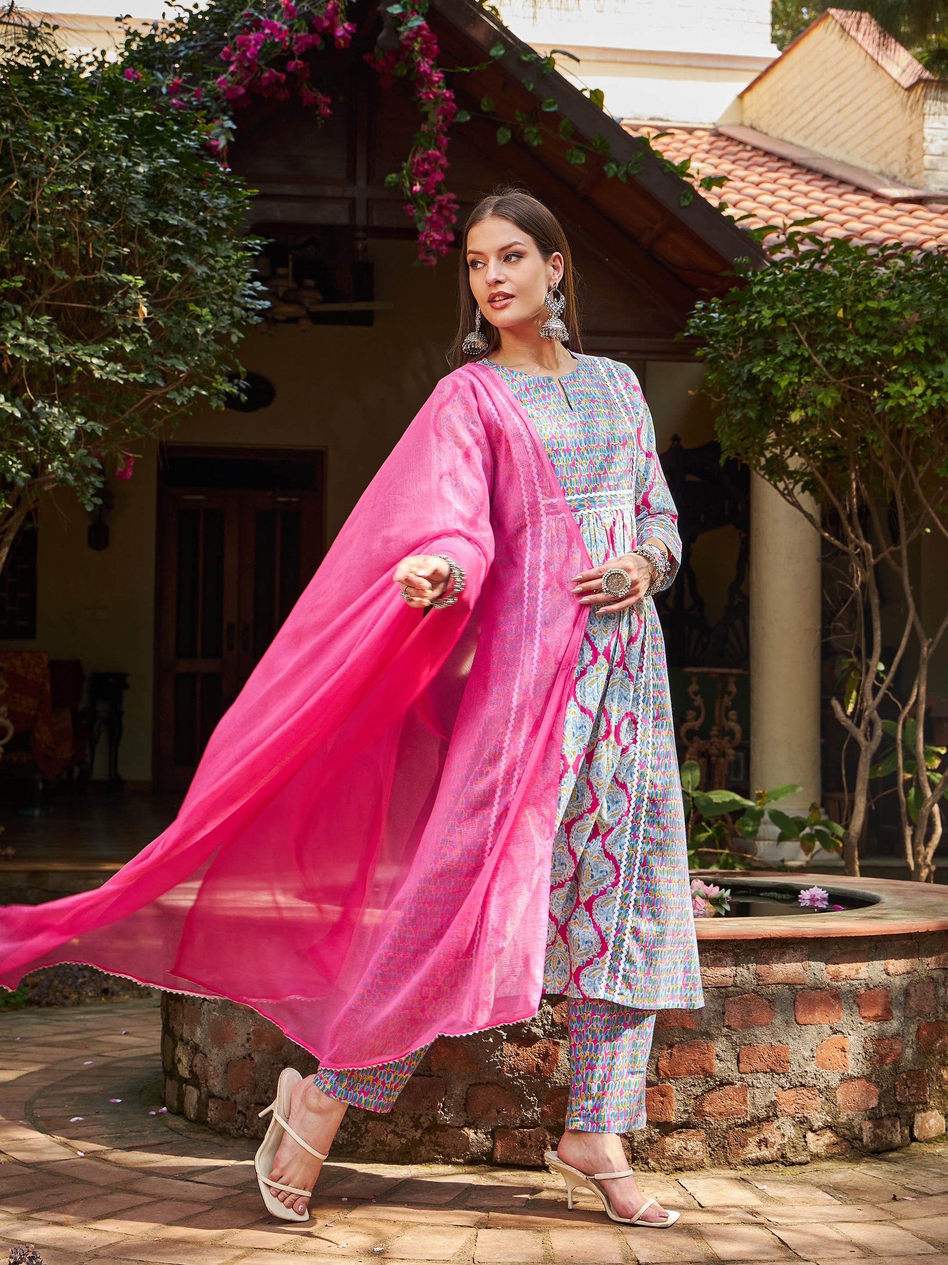 Pink & Blue Floral Anarkali Kurta With Pencil Pants & Dupatta-Shae by SASSAFRAS