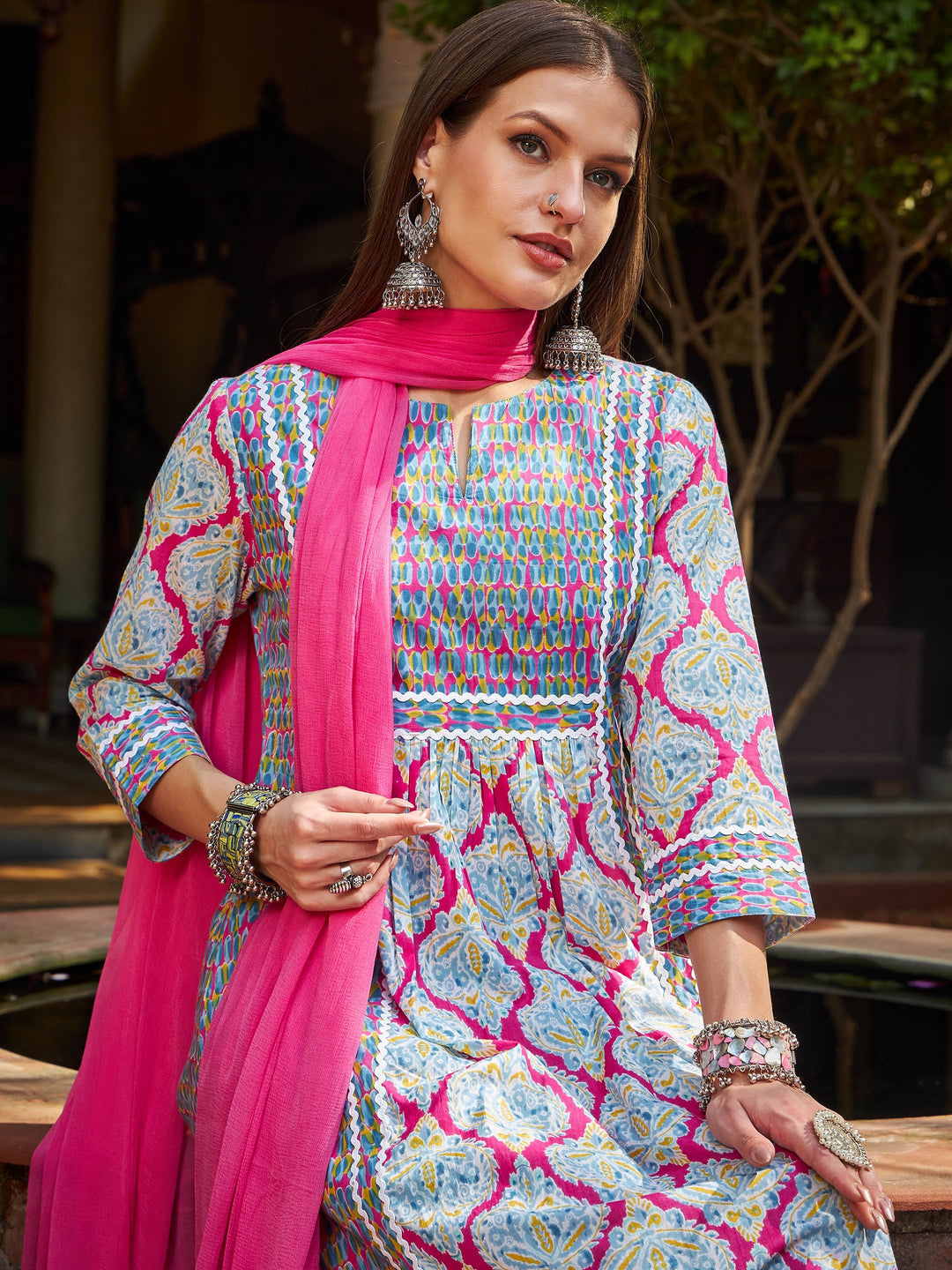 Pink &amp; Blue Floral Anarkali Kurta With Pencil Pants &amp; Dupatta-Shae by SASSAFRAS