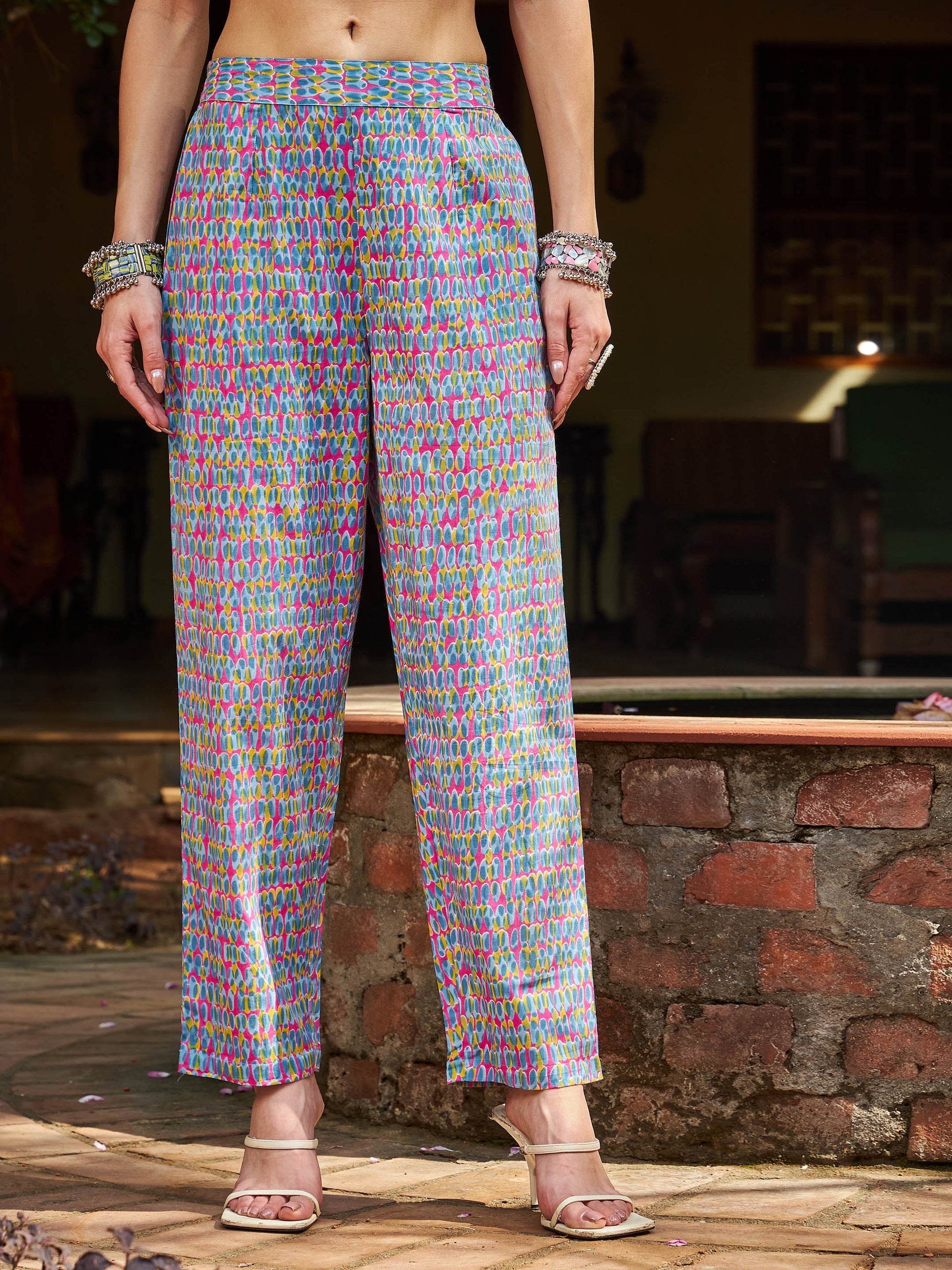 Pink & Blue Floral Anarkali Kurta With Pencil Pants & Dupatta-Shae by SASSAFRAS