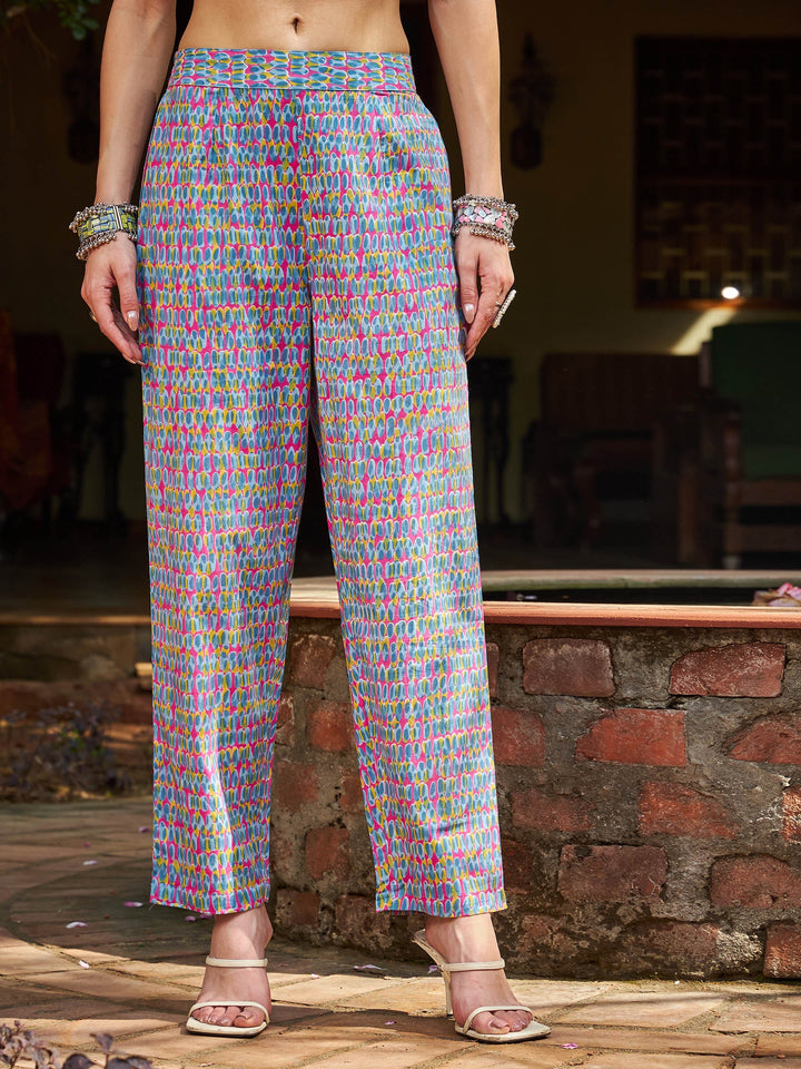 Pink &amp; Blue Floral Anarkali Kurta With Pencil Pants &amp; Dupatta-Shae by SASSAFRAS