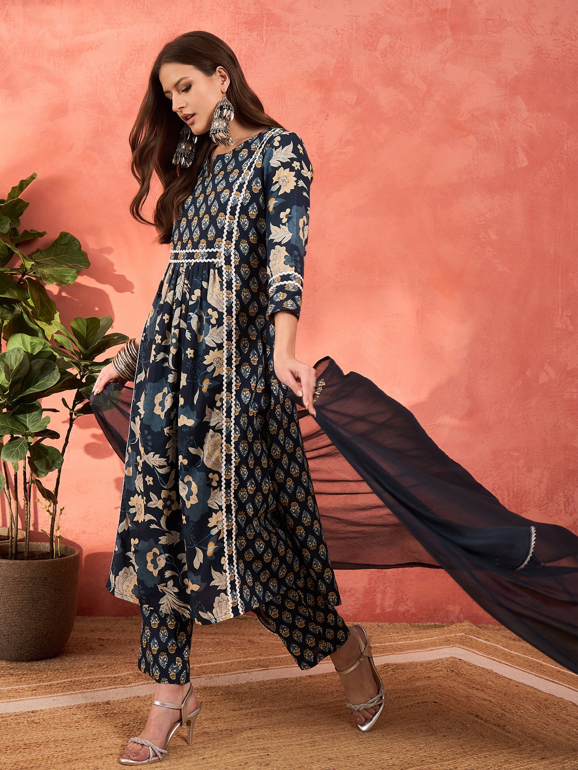 Navy Floral Anarkali Kurta With Pencil Pants & Dupatta-Shae by SASSAFRAS