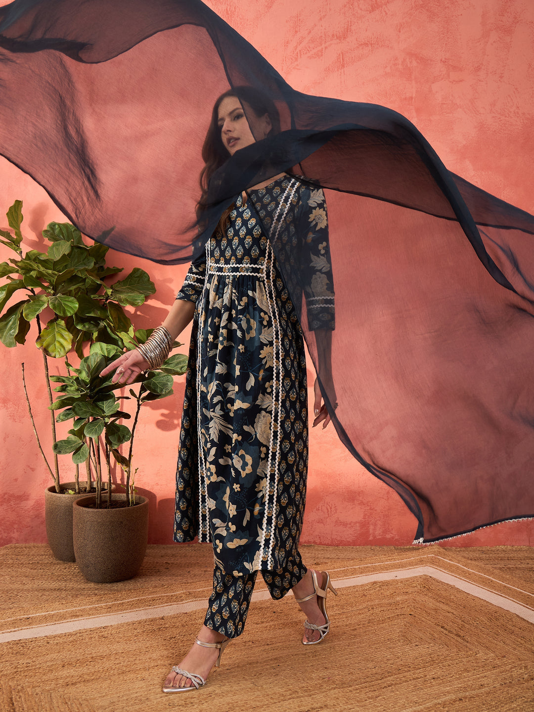 Navy Floral Anarkali Kurta With Pencil Pants &amp; Dupatta-Shae by SASSAFRAS