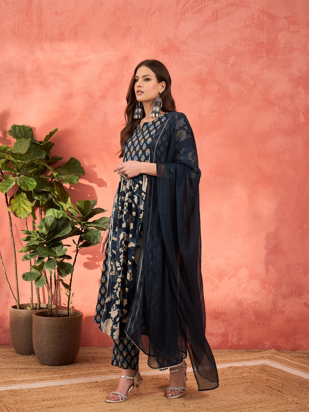 Navy Floral Anarkali Kurta With Pencil Pants &amp; Dupatta-Shae by SASSAFRAS