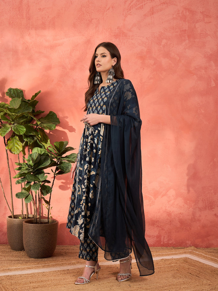 Navy Floral Anarkali Kurta With Pencil Pants &amp; Dupatta-Shae by SASSAFRAS