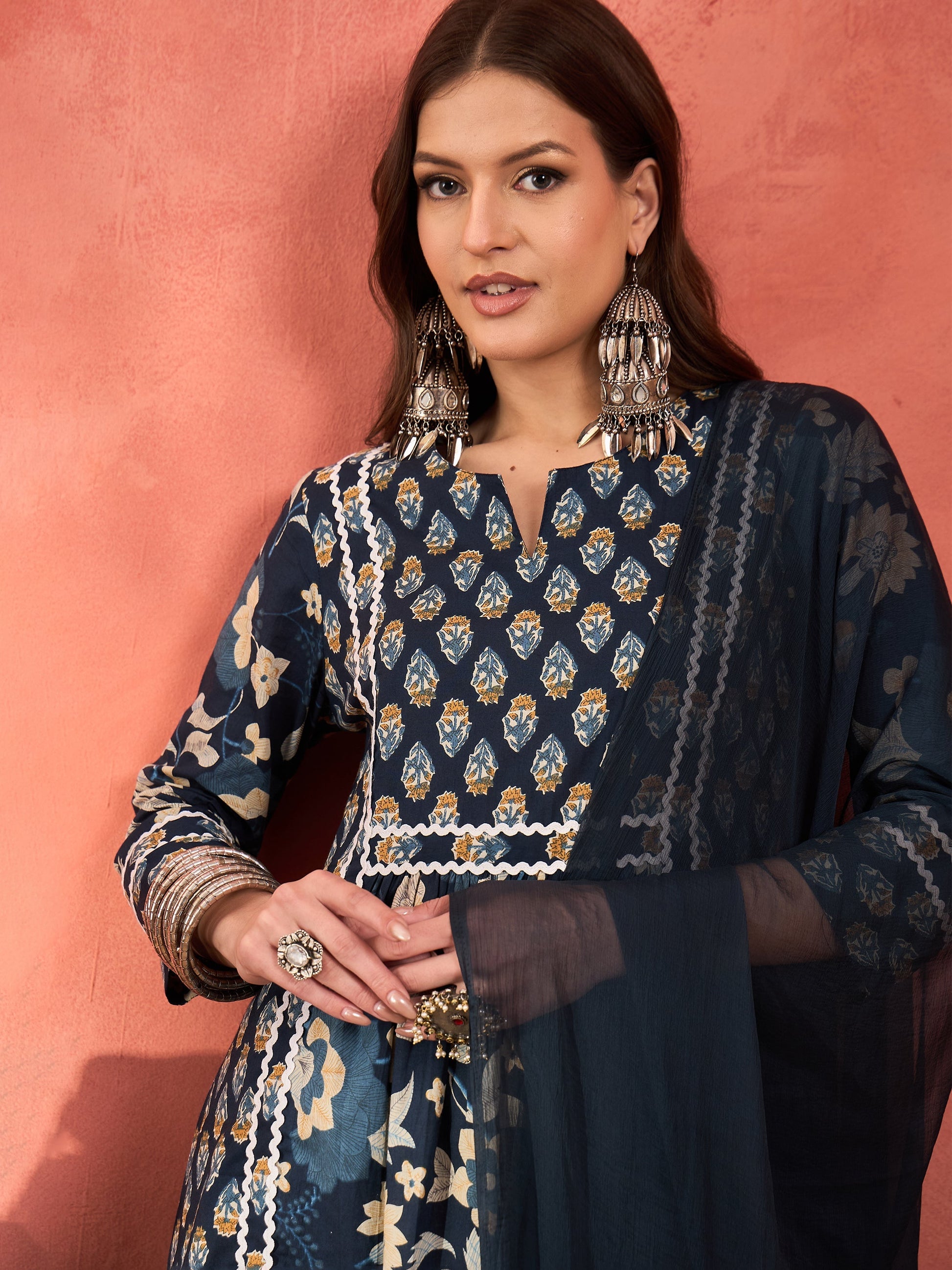 Navy Floral Anarkali Kurta With Pencil Pants & Dupatta-Shae by SASSAFRAS