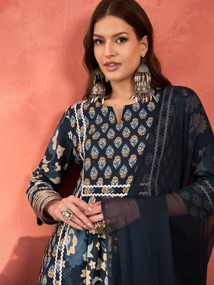 Navy Floral Anarkali Kurta With Pencil Pants &amp; Dupatta-Shae by SASSAFRAS