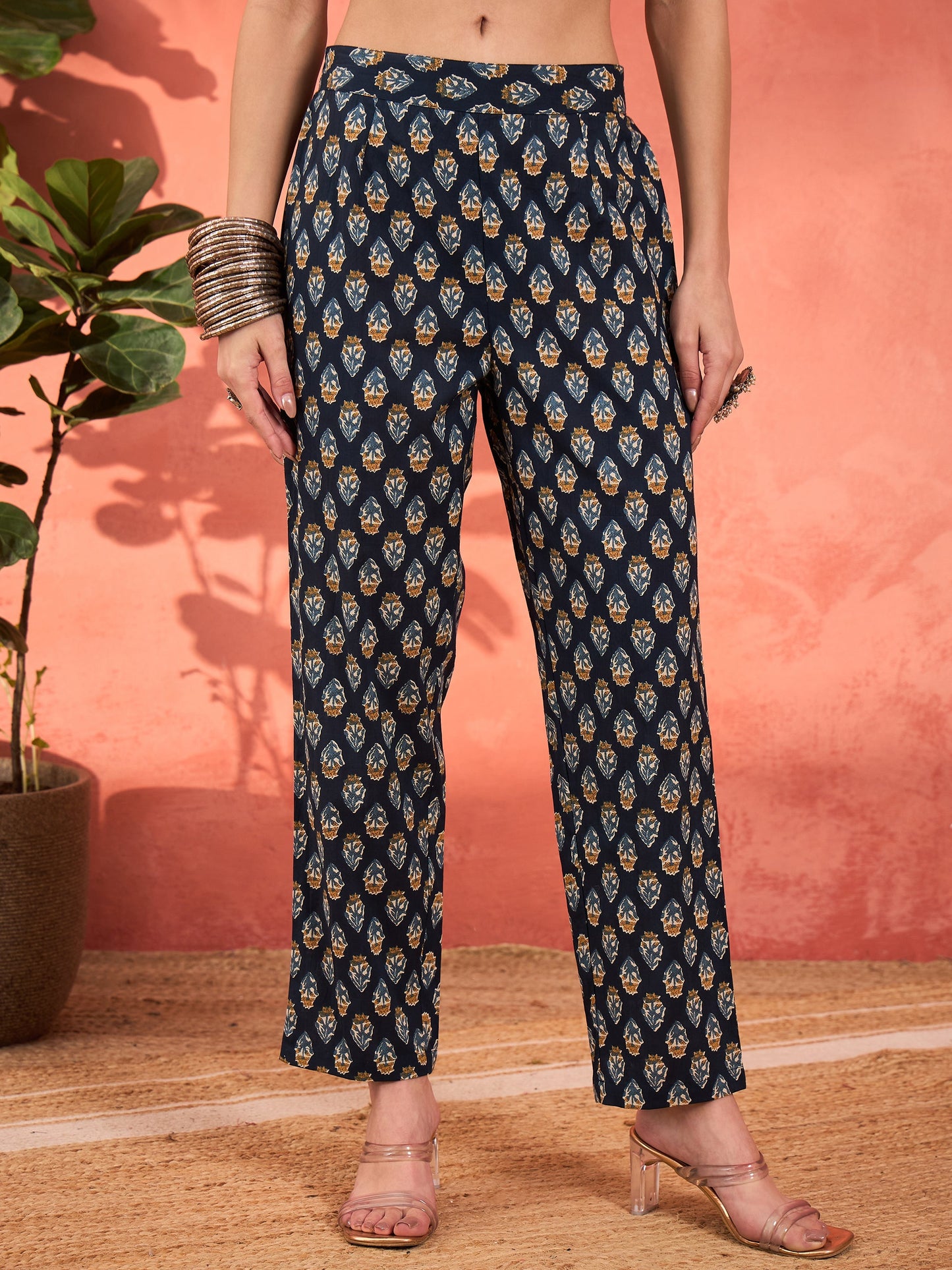 Navy Floral Anarkali Kurta With Pencil Pants & Dupatta-Shae by SASSAFRAS