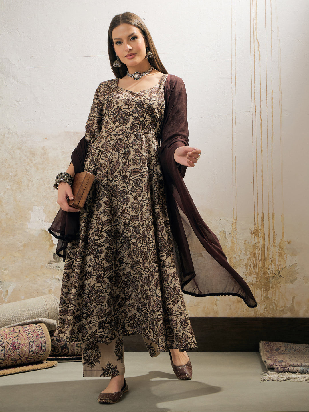 Women's Women Beige Floral Anarkali Kurta With Pencil Pant & Dupatta in Cotton by Shae for wholesale, bulk, supplier, manufacturer and wholesaler buyers from Trendphoria