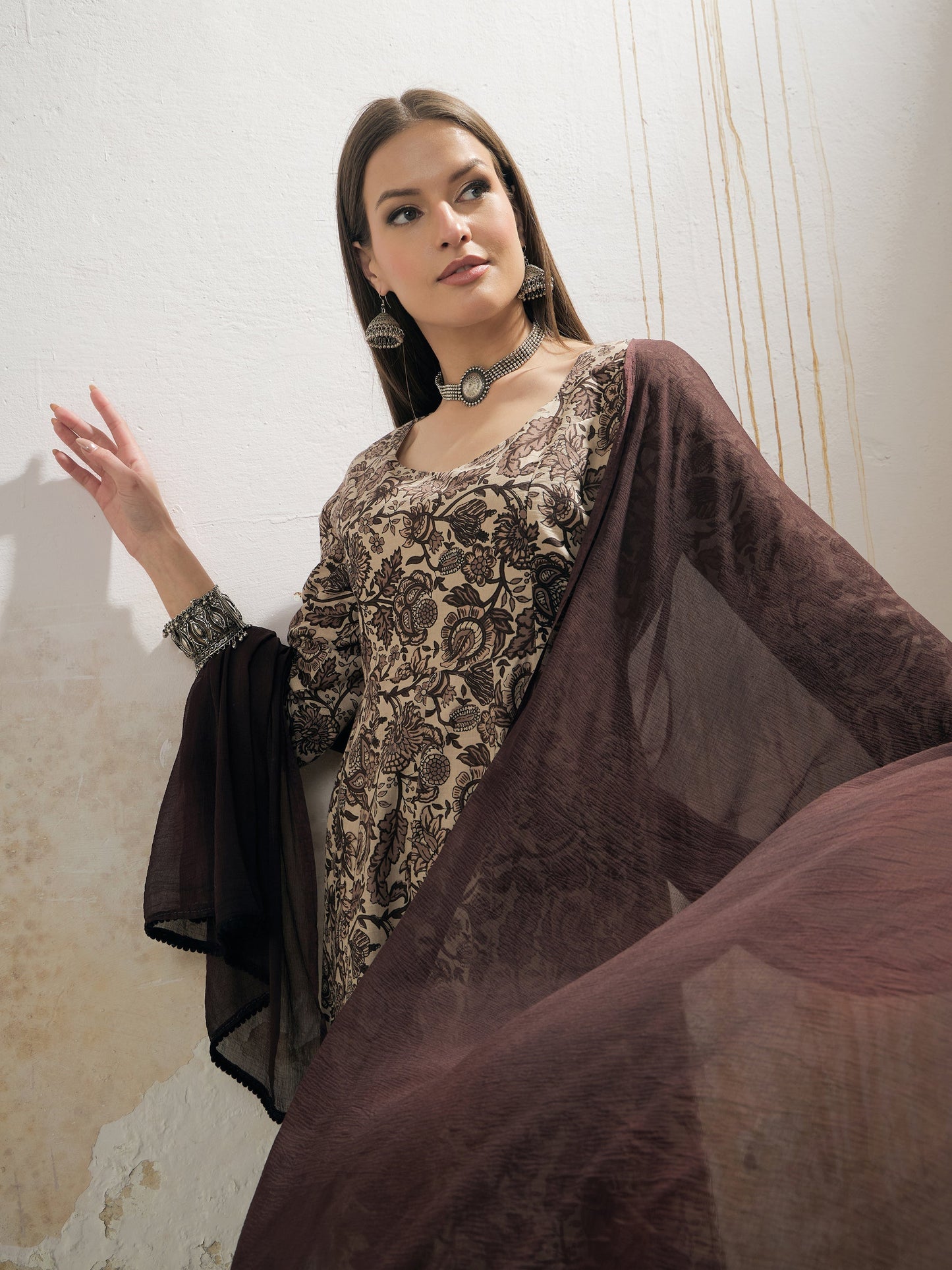 Women Beige Floral Anarkali Kurta With Pencil Pant & Dupatta