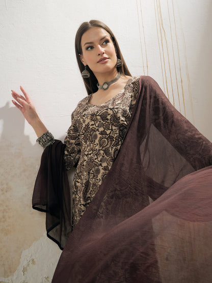 Women Beige Floral Anarkali Kurta With Pencil Pant & Dupatta