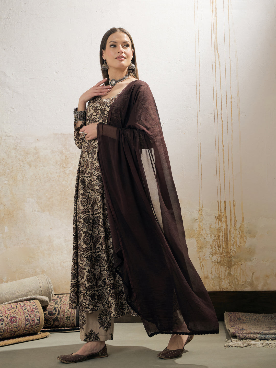 Women Beige Floral Anarkali Kurta With Pencil Pant &amp; Dupatta