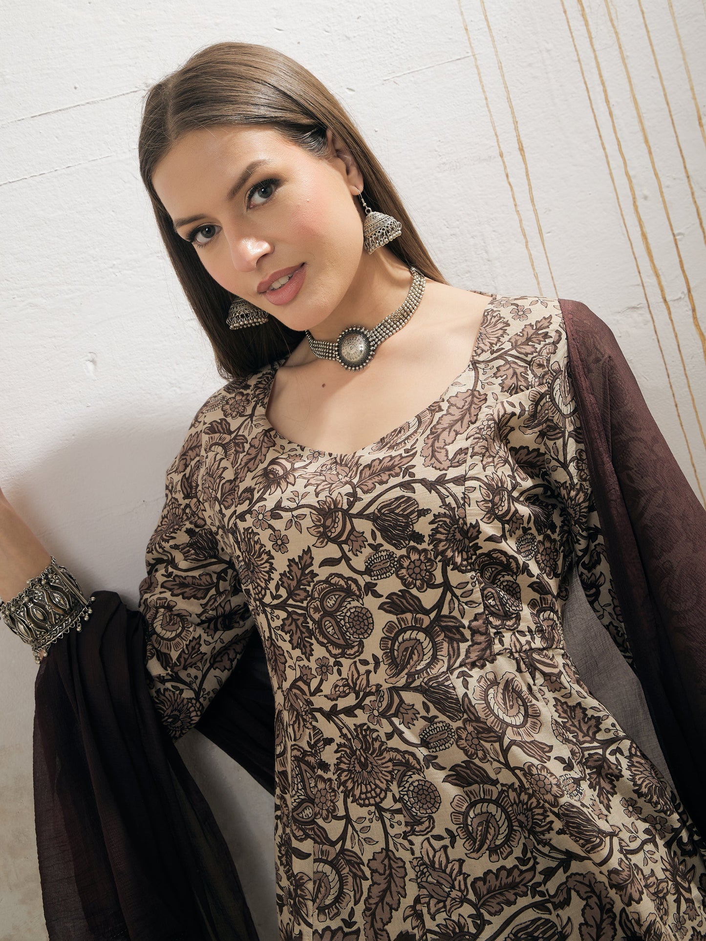 Women Beige Floral Anarkali Kurta With Pencil Pant & Dupatta