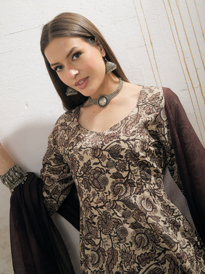 Women Beige Floral Anarkali Kurta With Pencil Pant & Dupatta