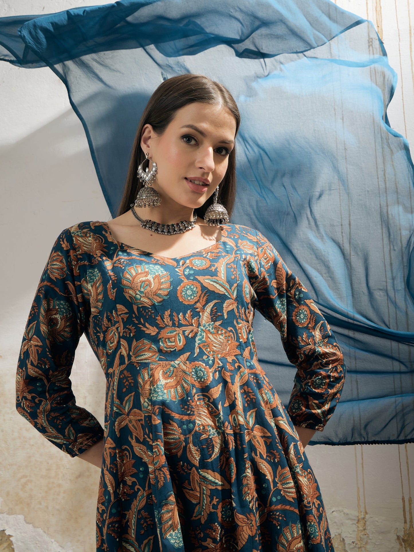 Teal Floral Anarkali Kurta With Pencil Pant & Dupatta-Shae by SASSAFRAS
