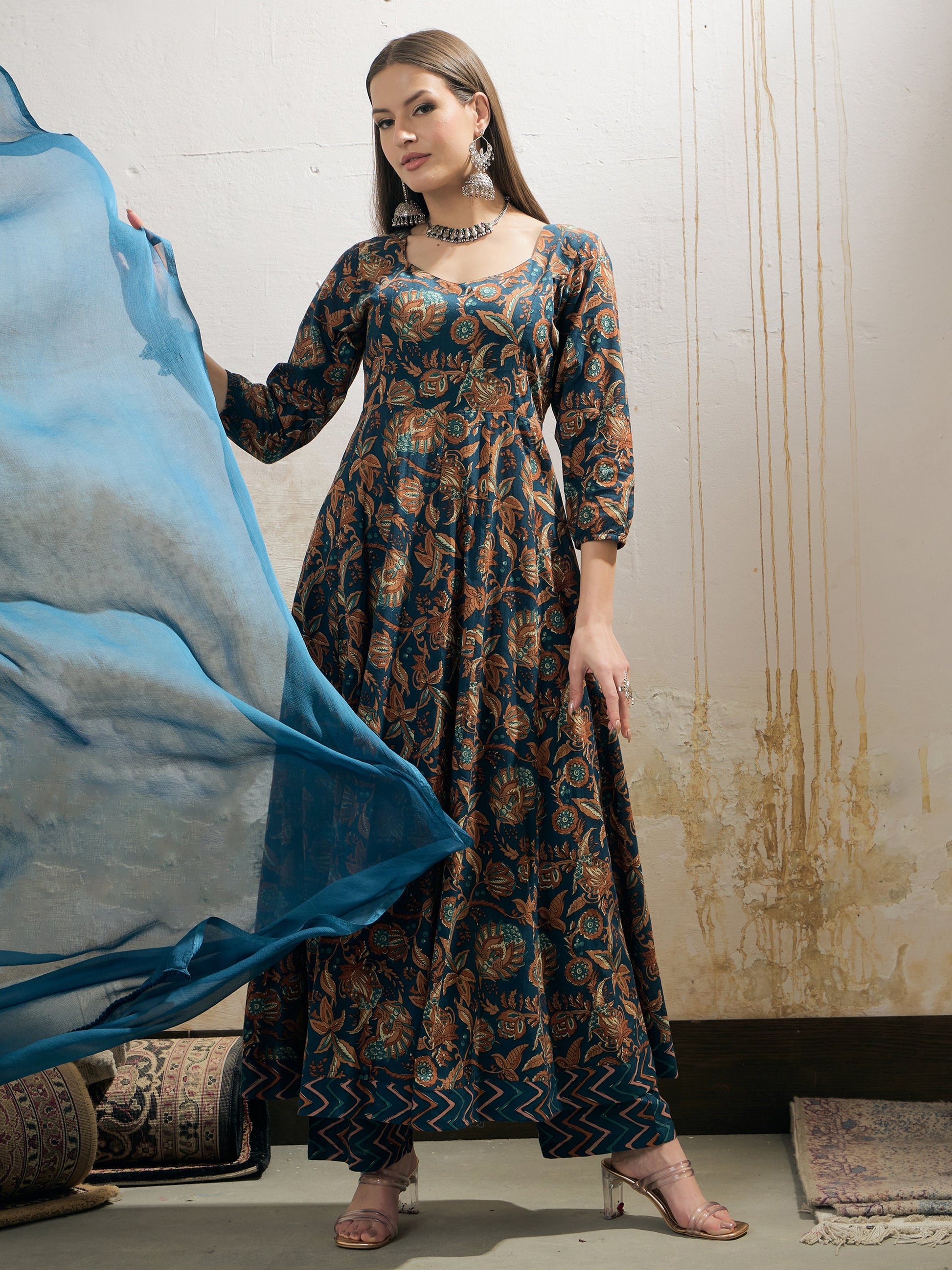 Teal Floral Anarkali Kurta With Pencil Pant & Dupatta-Shae by SASSAFRAS