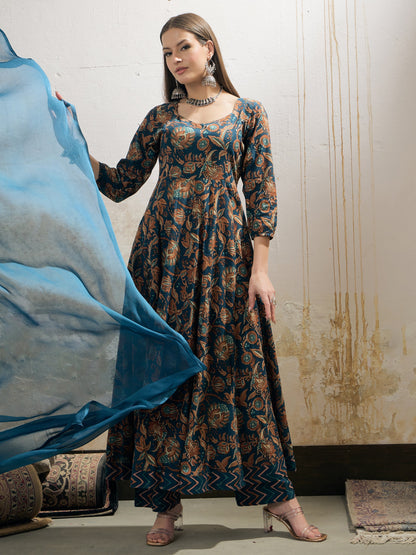 Teal Floral Anarkali Kurta With Pencil Pant & Dupatta-Shae by SASSAFRAS