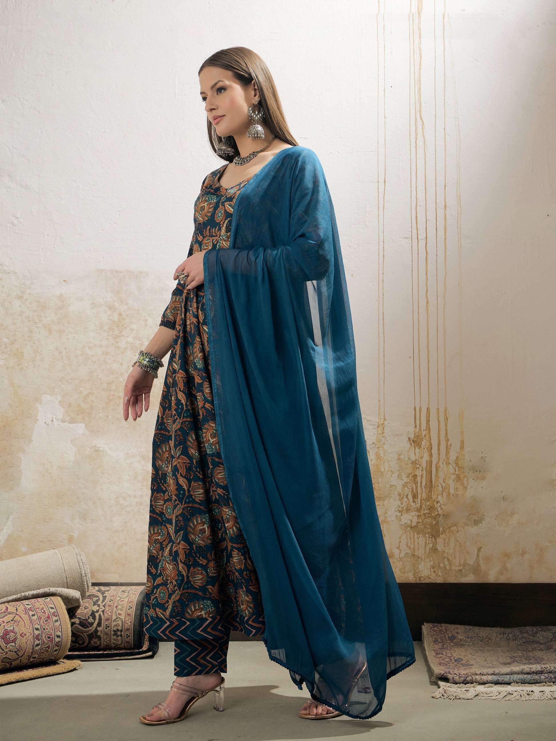 Teal Floral Anarkali Kurta With Pencil Pant & Dupatta-Shae by SASSAFRAS