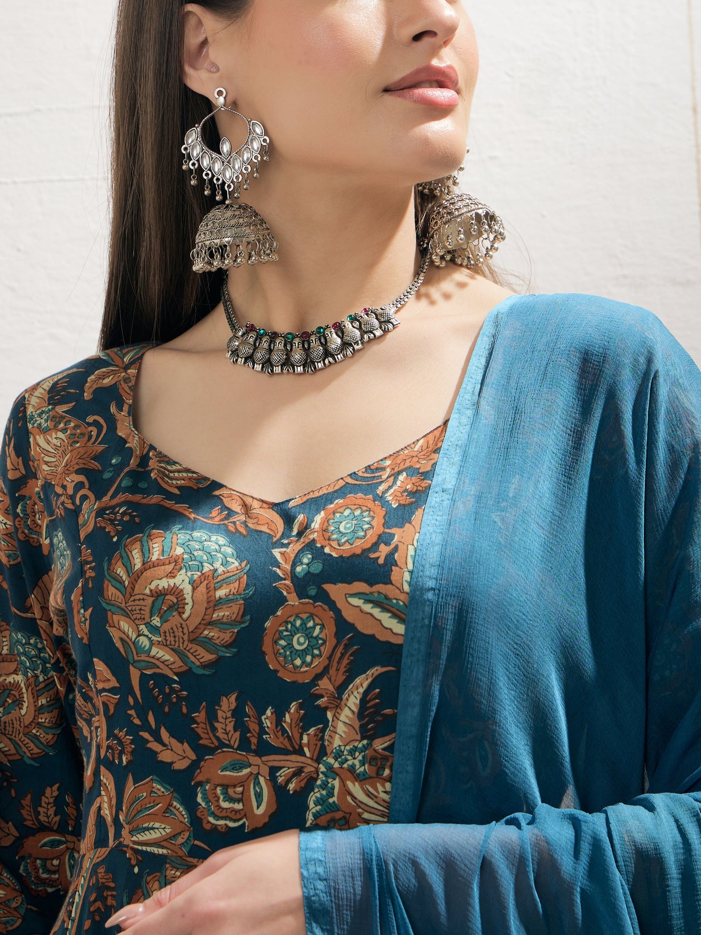 Teal Floral Anarkali Kurta With Pencil Pant & Dupatta-Shae by SASSAFRAS