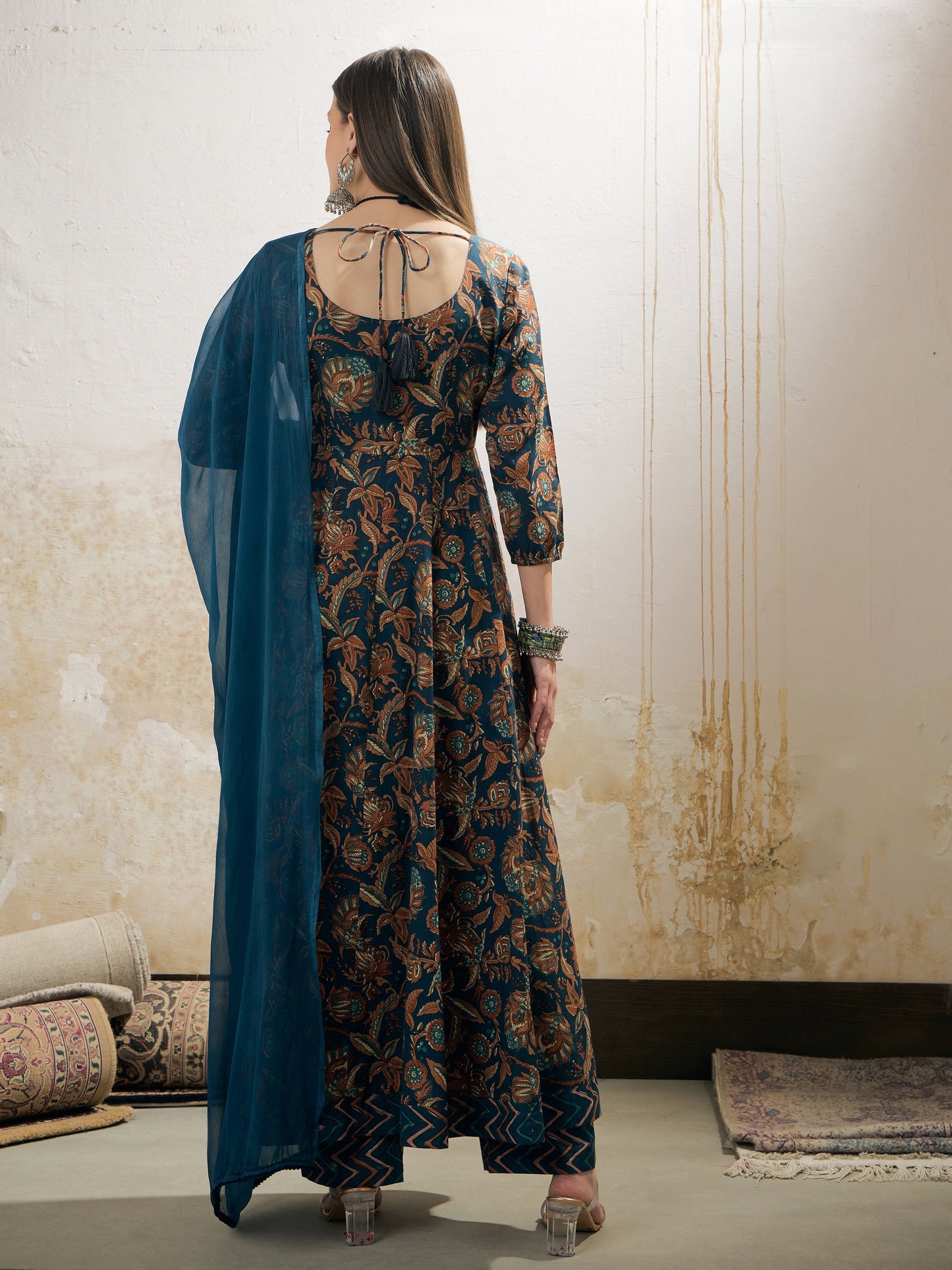 Teal Floral Anarkali Kurta With Pencil Pant & Dupatta-Shae by SASSAFRAS