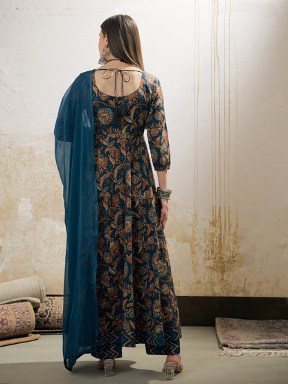 Teal Floral Anarkali Kurta With Pencil Pant & Dupatta-Shae by SASSAFRAS