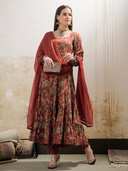 Maroon Floral Tiered Kurta With Pencil Pant & Dupatta-Shae by SASSAFRAS
