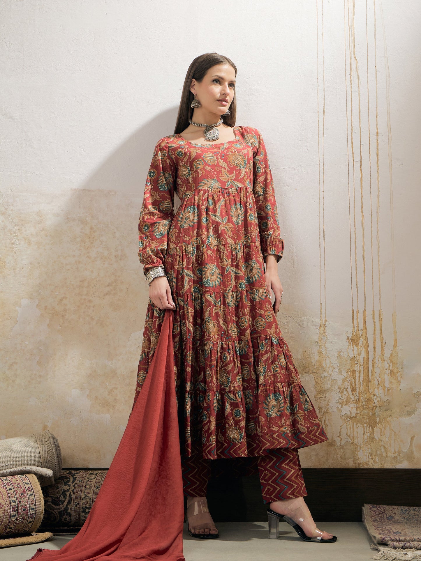 Maroon Floral Tiered Kurta With Pencil Pant & Dupatta-Shae by SASSAFRAS