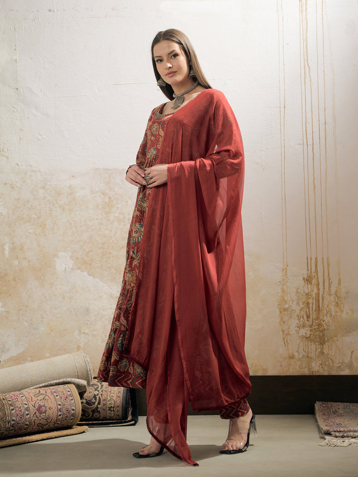 Maroon Floral Tiered Kurta With Pencil Pant &amp; Dupatta-Shae by SASSAFRAS