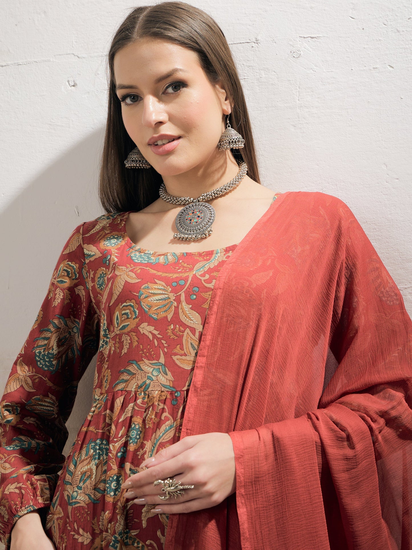 Maroon Floral Tiered Kurta With Pencil Pant & Dupatta-Shae by SASSAFRAS