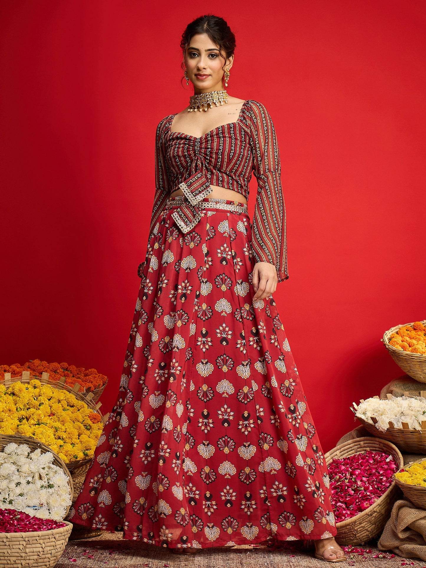 Women Maroon Floral Rouching Crop Top With Anarkali Skirt